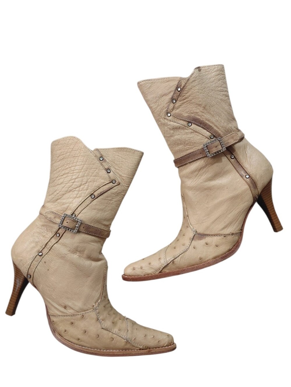 Vintage Ostrich Leather Pointed-Toe Heeled Western Ankle Boots Size 6